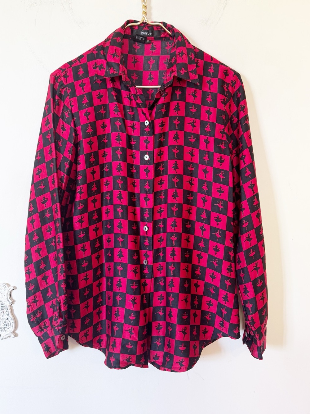 Vintage Ishyu Classical Ballerina Red and Black Checkerboard Silk Blouse 12 / L